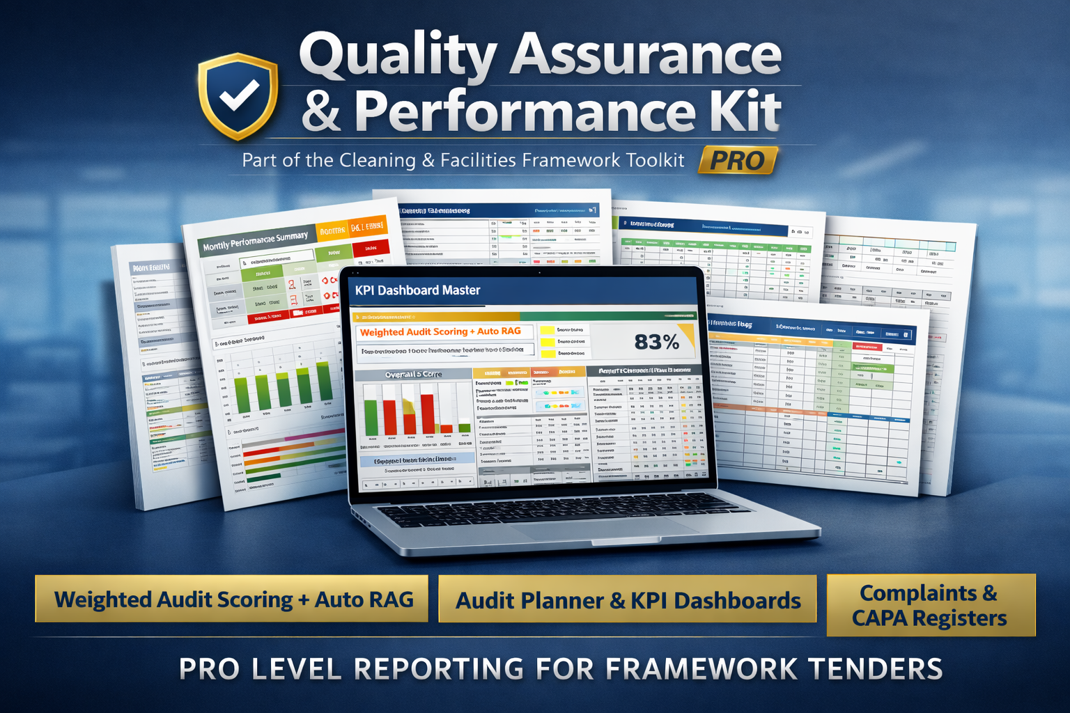 Quality Assurance and KPI Performance System with weighted audit scoring, RAG dashboard and CAPA register for cleaning framework tenders