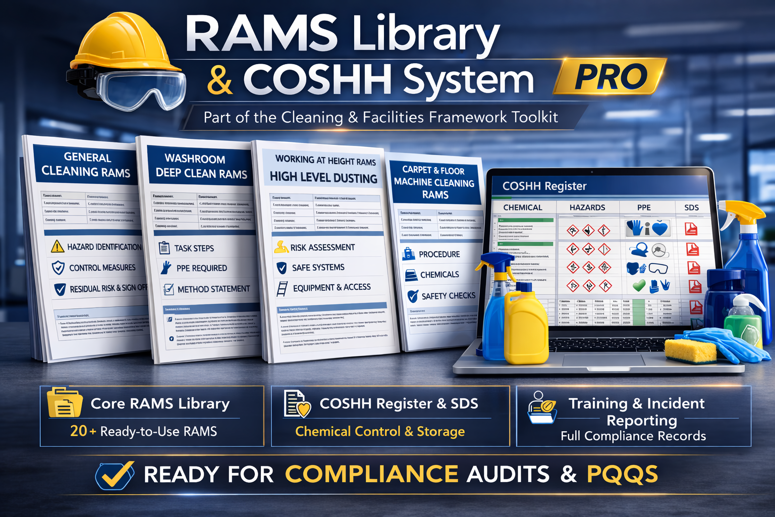 RAMS Library and COSHH Register system for cleaning contractors including risk assessments, chemical control and compliance documentation